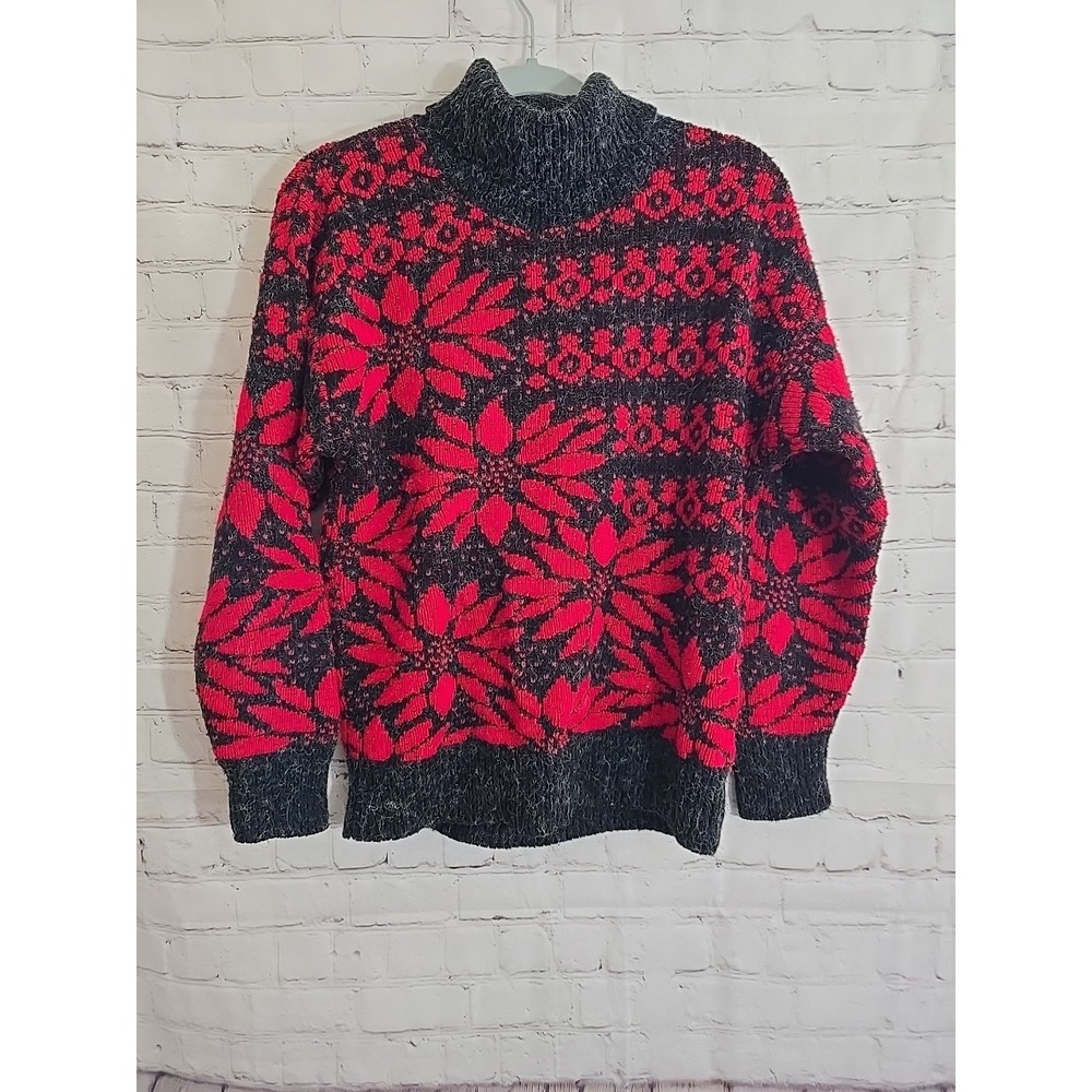 Vtg 80s French Navy Womens S Fair Isles Poinsetta Turtleneck Sweater  Cozy Cabin